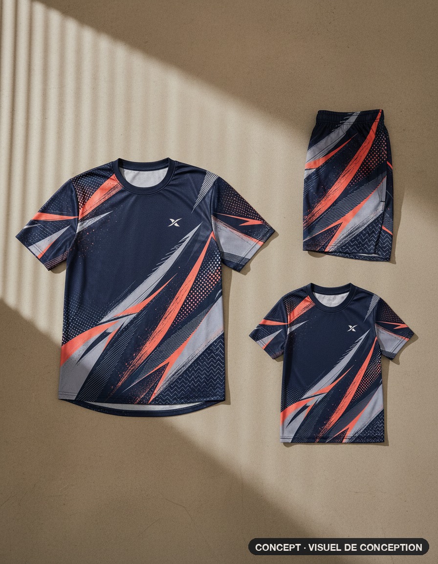 T-shirt adulte, short adulte et t-shirt enfant XMARLIN, coloris Coral, dans la même coupe, posés à plat. Visuel de conception.